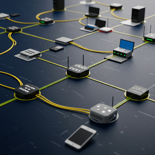 Networked devices connected by yellow wires Networked devices connected by yellow wires